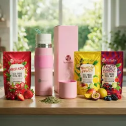 Termos do yerba mate pudrowy róż z trzema opakowaniami yerba mate 75 g