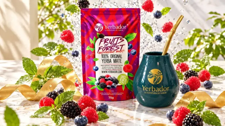 Yerba mate Fruits of the Forest i matero wśród malin, jeżyn i borówek w locie