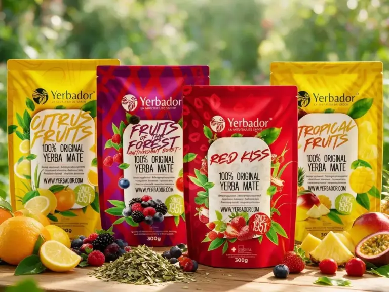 Cztery owocowe smaki yerba mate Yerbador wśród owoców — pakiet 3+1