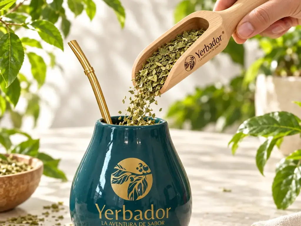 Wsypywanie żywo zielonego suszu yerba mate do matero Yerbador