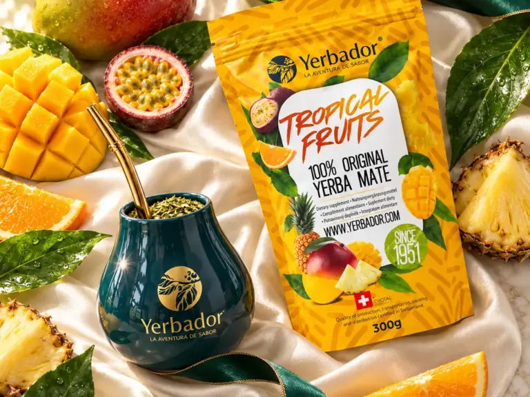 Yerba mate Tropical Fruits z mango, marakują i ananasem — flat lay