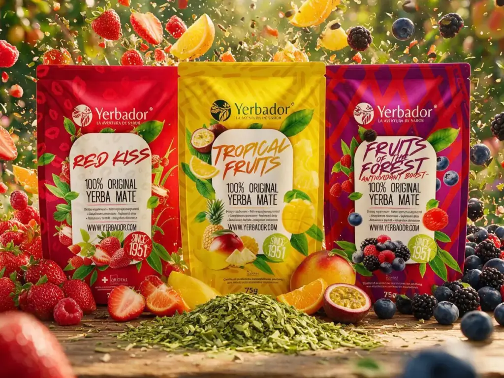 Jak smakuje yerba mate: trzy smaki yerba mate Yerbador wśród świeżych owoców i zielonego suszu