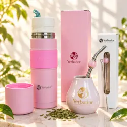 ZESTAW AKCESORIA RÓŻOWE – TERMOS KUBEK I SŁOMKA DO YERBA MATE