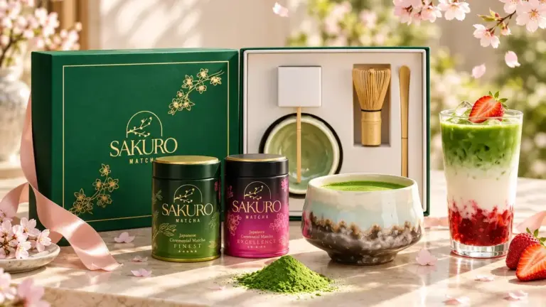 Zestaw prezentowy Sakuro, czarka i truskawkowa matcha latte wśród kwitnącej wiśni