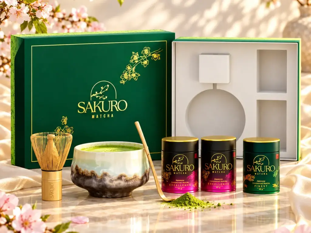 Otwarty zestaw prezentowy Sakuro z czarką, chasenem i trzema puszkami matchy