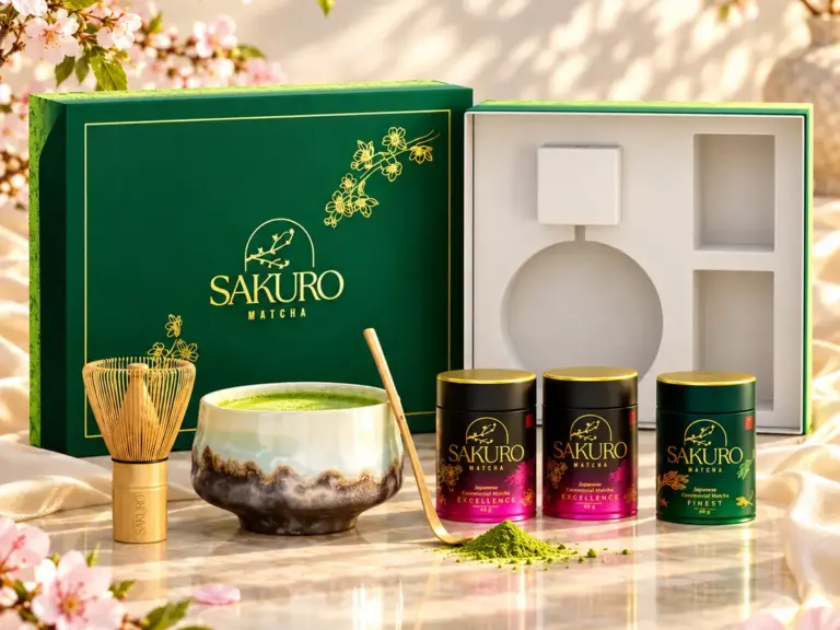 Otwarty zestaw prezentowy Sakuro z czarką, chasenem i trzema puszkami matchy