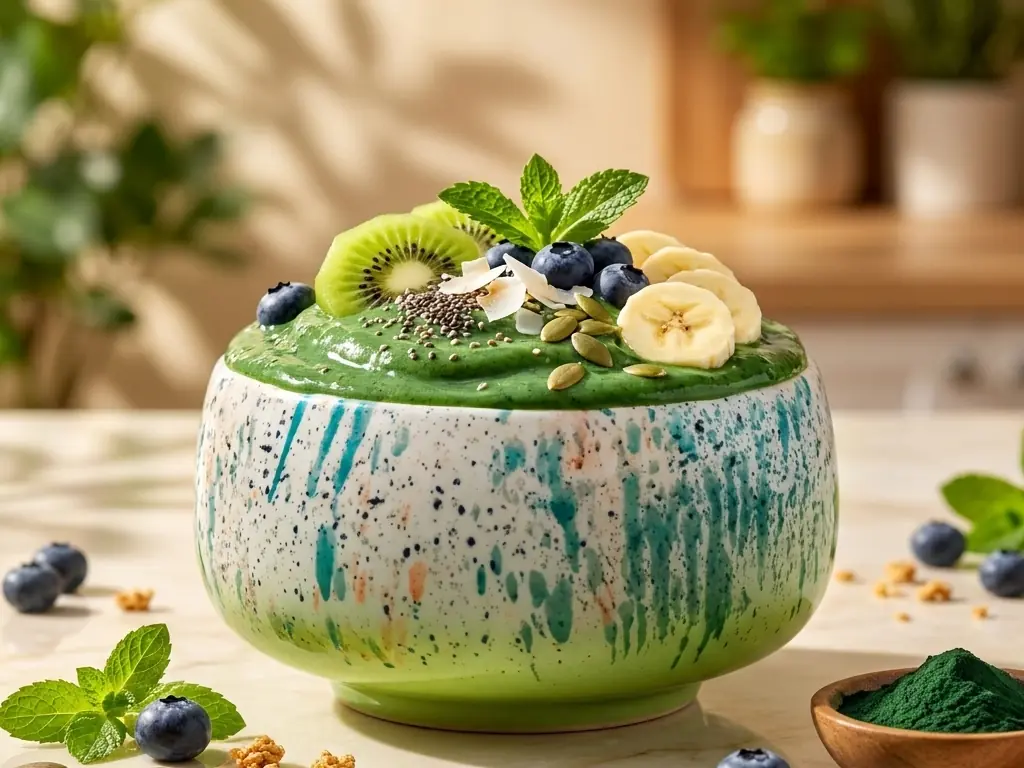 Zielony bowl ze spiruliną w nakrapianej czarce, obok miseczka proszku