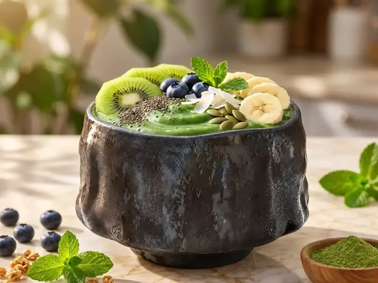 Zielony bowl z kiwi i bananem w czarnej czarce Fuji