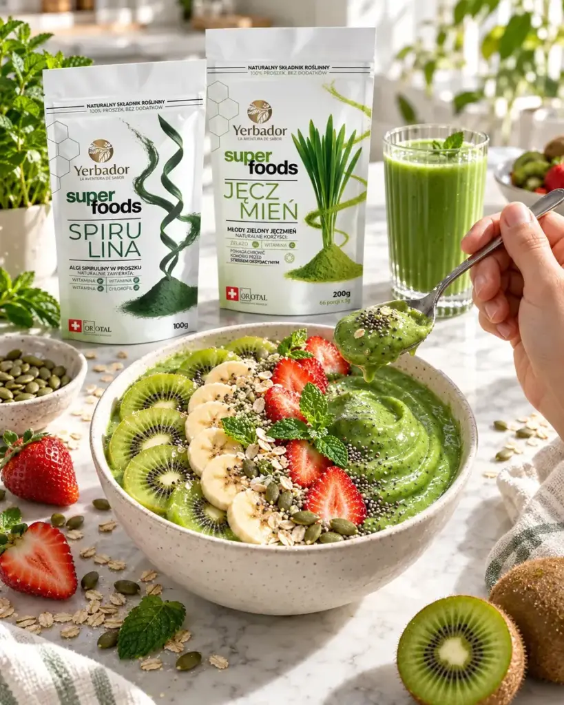 Maca w proszku: zielony bowl z kiwi, bananem i truskawkami, w tle spirulina i młody jęczmień Yerbador