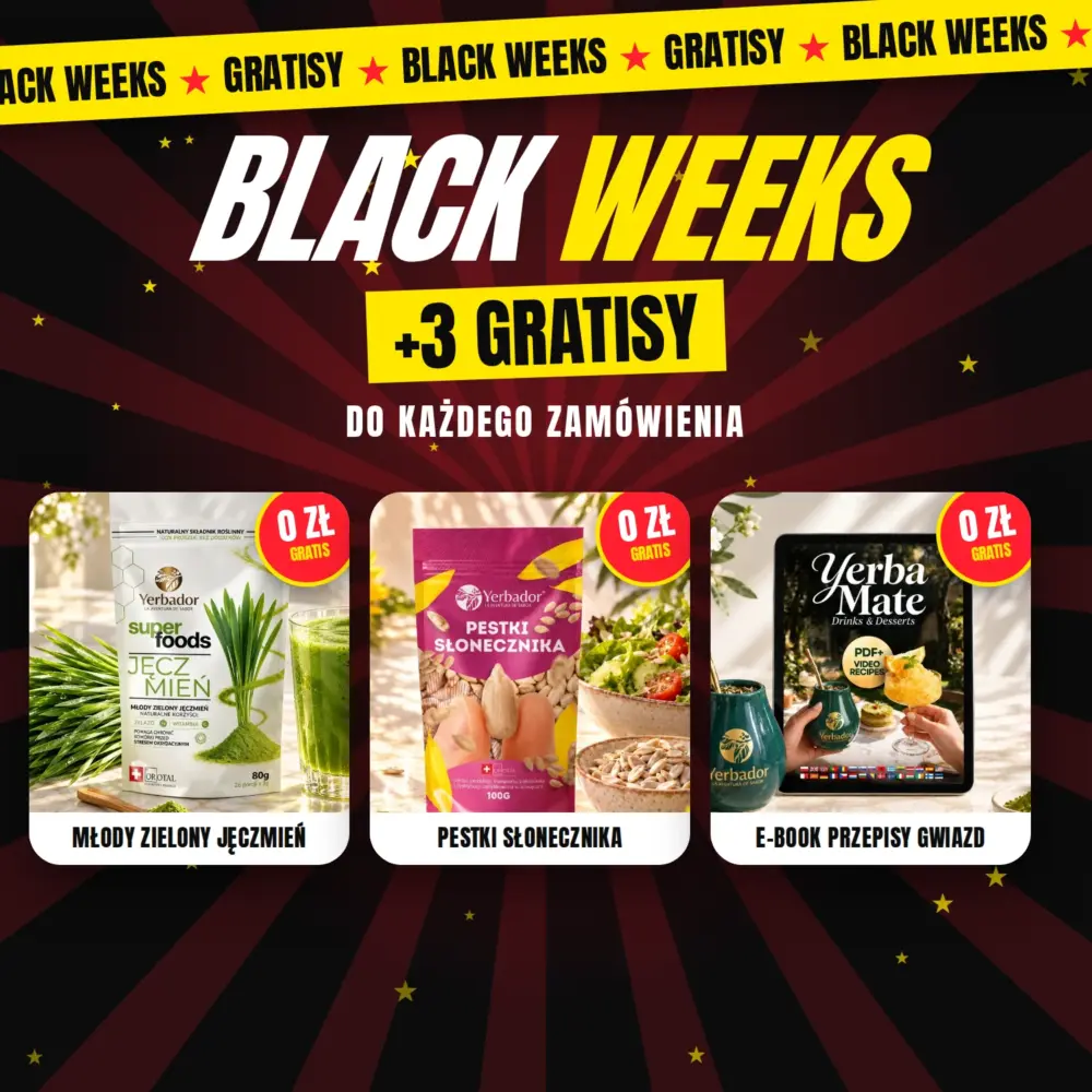 Black Weeks gratisy 3 Black Weeks — 3 gratisy do każdego zamówienia: młody zielony jęczmień, pestki słonecznika, e-book z przepisami gwiazd