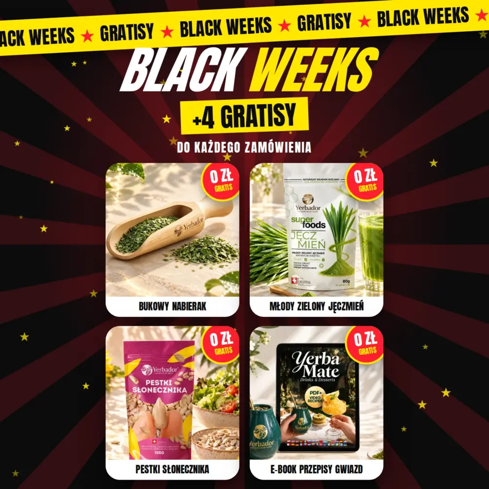 Black Weeks gratisy 4 Black Weeks — 4 gratisy do każdego zamówienia: bukowy nabierak, młody zielony jęczmień, pestki słonecznika, e-book z przepisami gwiazd