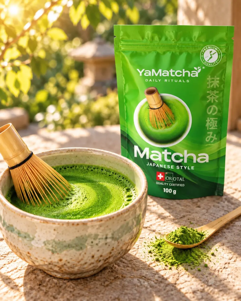 yamatcha-matcha-100g-ceremonialny-rytual YaMatcha Daily Rituals 100 g — matcha ubita chasenem w ceramicznej czarce