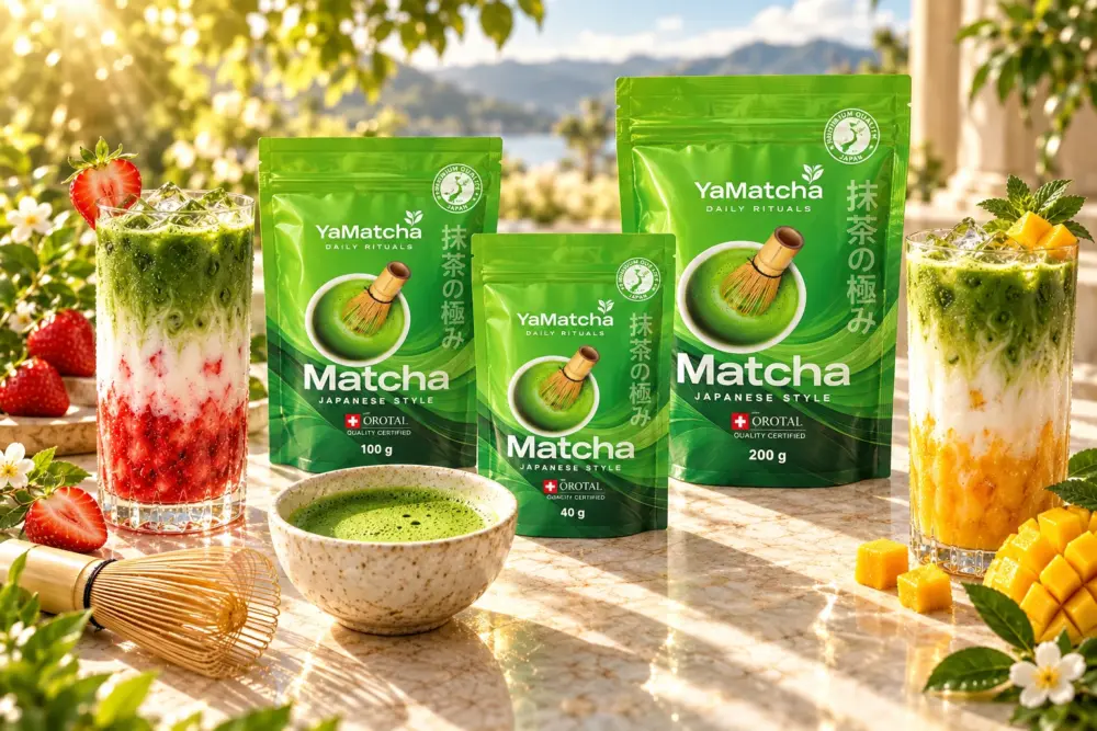 yamatcha-matcha-40g-100g-200g-kolekcja YaMatcha w trzech gramaturach: 40 g, 100 g i 200 g z truskawkowym i mango latte