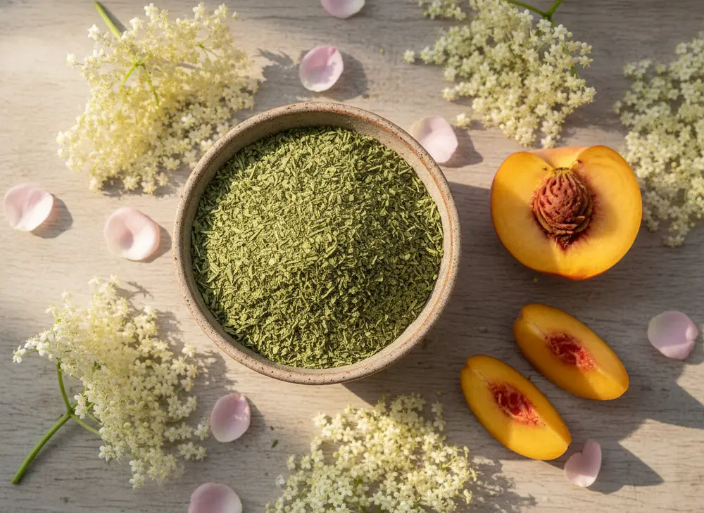 Płatki bzu czarnego, kwiat bzu, brzoskwinia i susz yerba mate w miseczce, flatlay