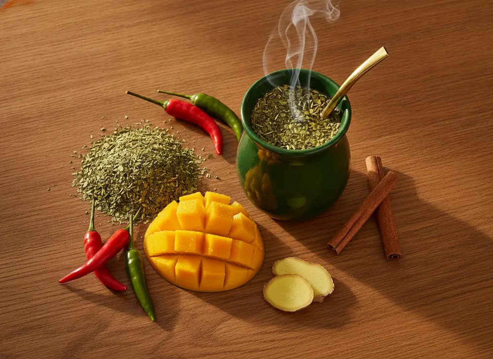Świeże mango, papryczki chili, cynamon i zielony susz yerba mate obok matero ze złotą bombillą